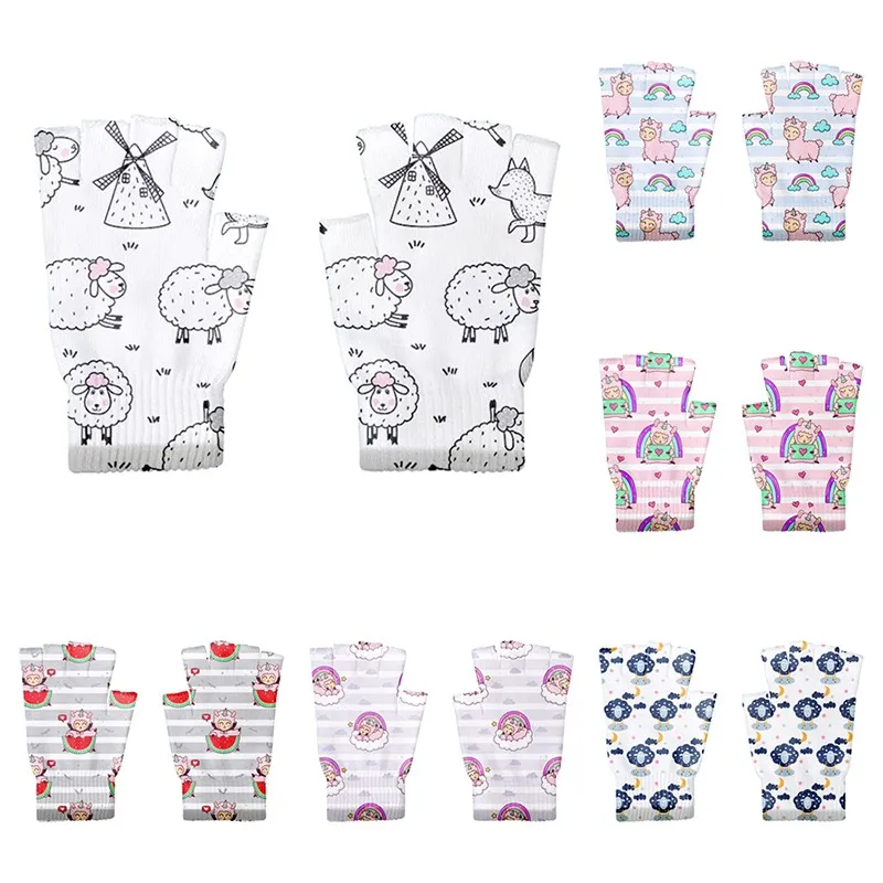 

Вязаные перчатки для работы с надписью, женские акриловые перчатки на полпальца, женские перчатки с милым мультяшным рисунком овцы, открыты...