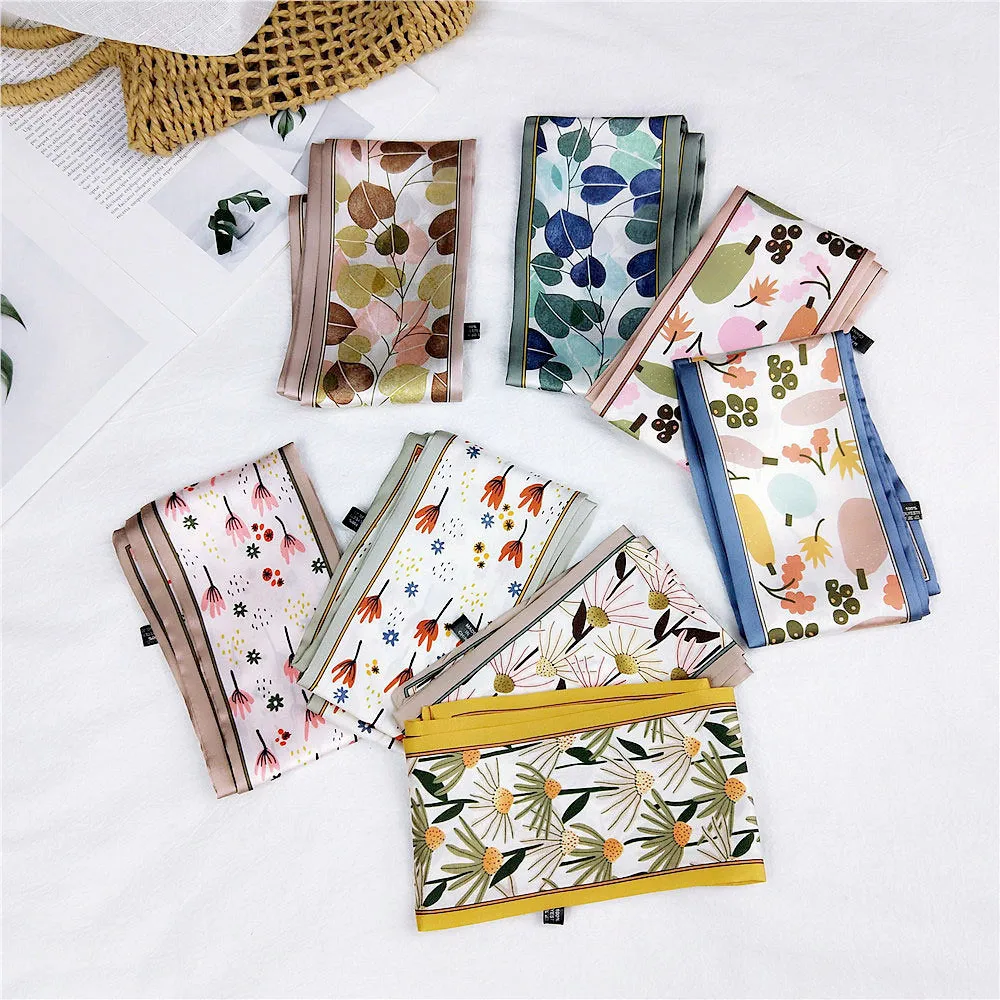 

2022 New Spring Summer Long Flower Silk Satin Hair Scarf Headband Women's Neck Collar Purse Handbag Scarfs for Ladies Headscarf