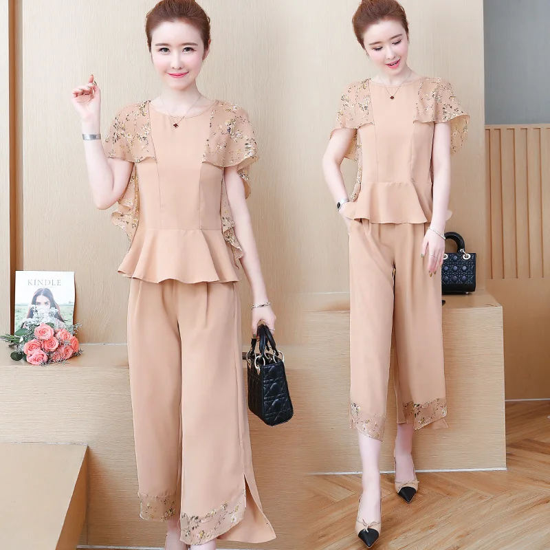 Широкие брюки летний костюм для женщин 2019 дрожащая шифоновая рубашка