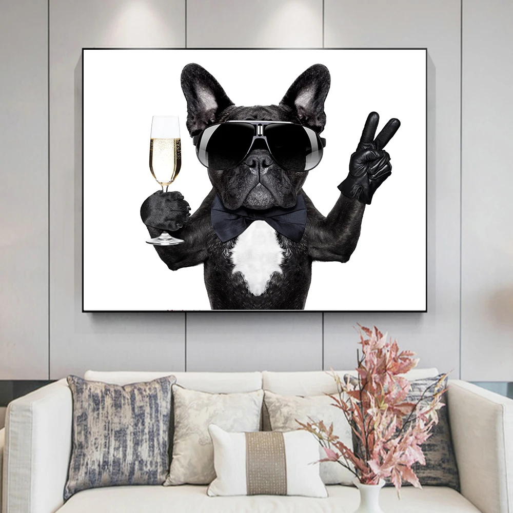 

Cute Dog Canvas Painting Animal Poster and Prints Wall Art A Bulldog Drinking with Sunglasses Picture for Kids Baby Room Decor