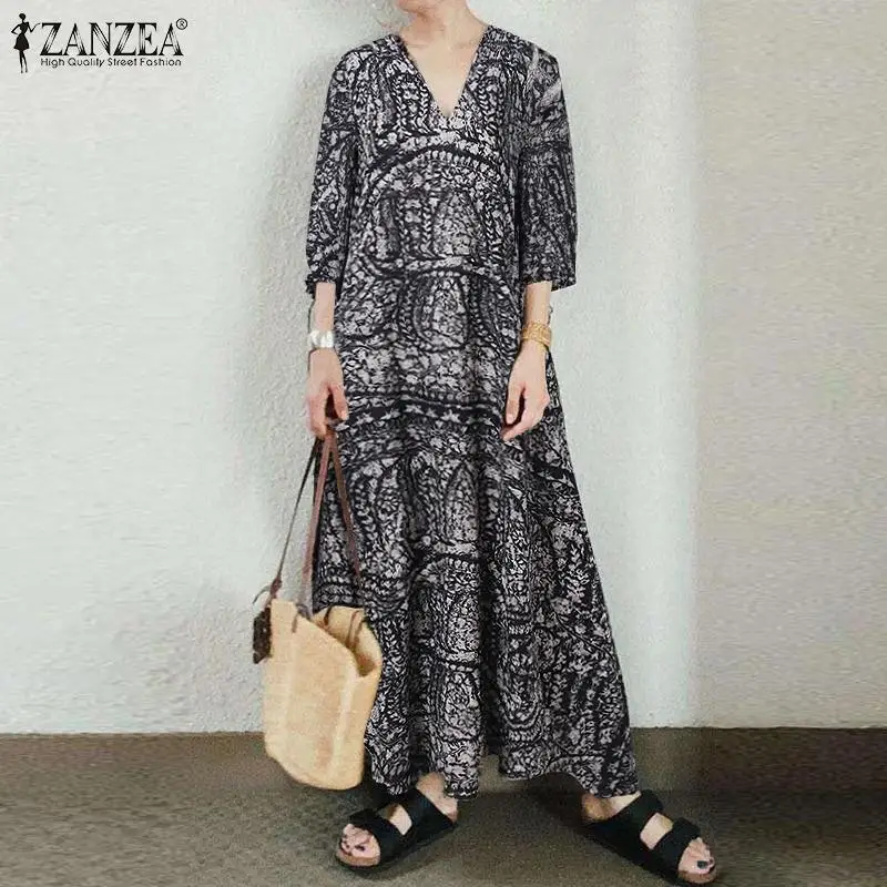 

ZANZEA Vintage Maxi Dress Women Autumn Floral Printed Long Sundress Casual V Neck 3/4 Sleeve Party Vestidos Robe Femme Dresses