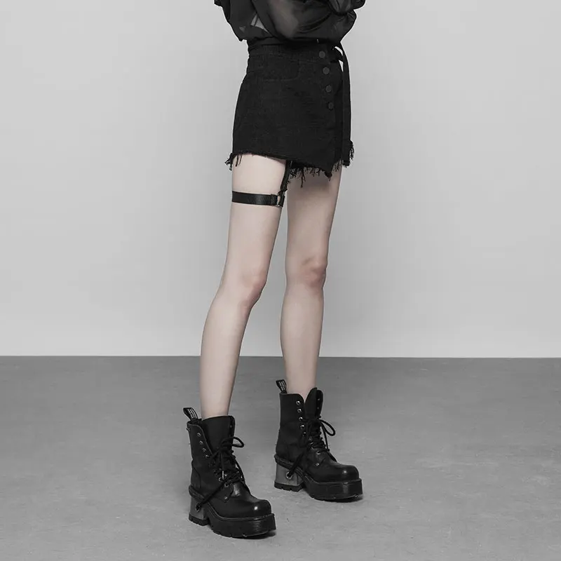 

Double Belt Row Buckle Fake Half Sexy Women Asymmetric Hem Skirt Shorts New Gothic Women's Fashion Casual Black Skirts PUNK RAVE
