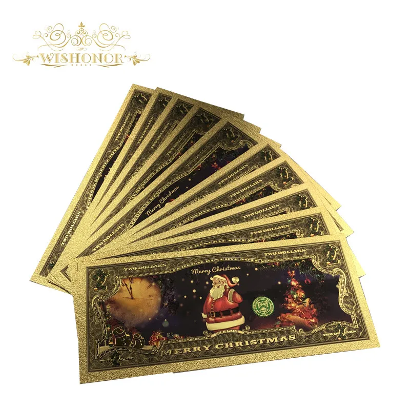 10 шт. новый дизайн Счастливого Рождества банкнота Америка 2 доллара в 24 к