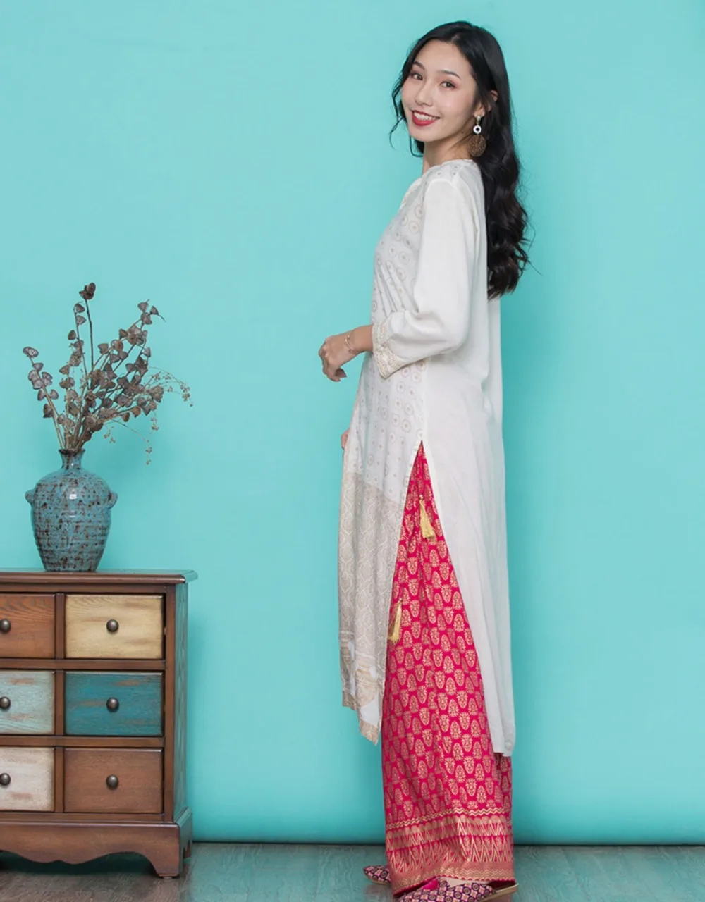 Новые женские модные комплекты в этническом стиле хлопок печати Индии Kurtas три четверти рукав длинный топ брюки