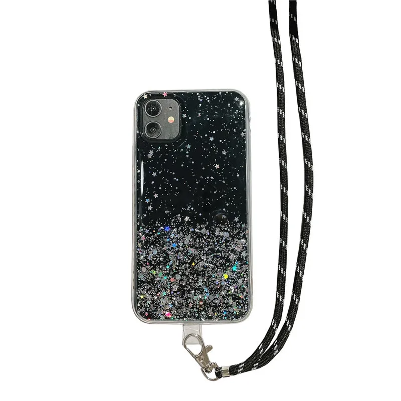 

For XiaoMi 11 10T Poco X3 Ultra Phone Case Cover For RedMi Note 8t 9S 10 Pro Fashion Long Lanyard Transparent Glitter Soft Shell