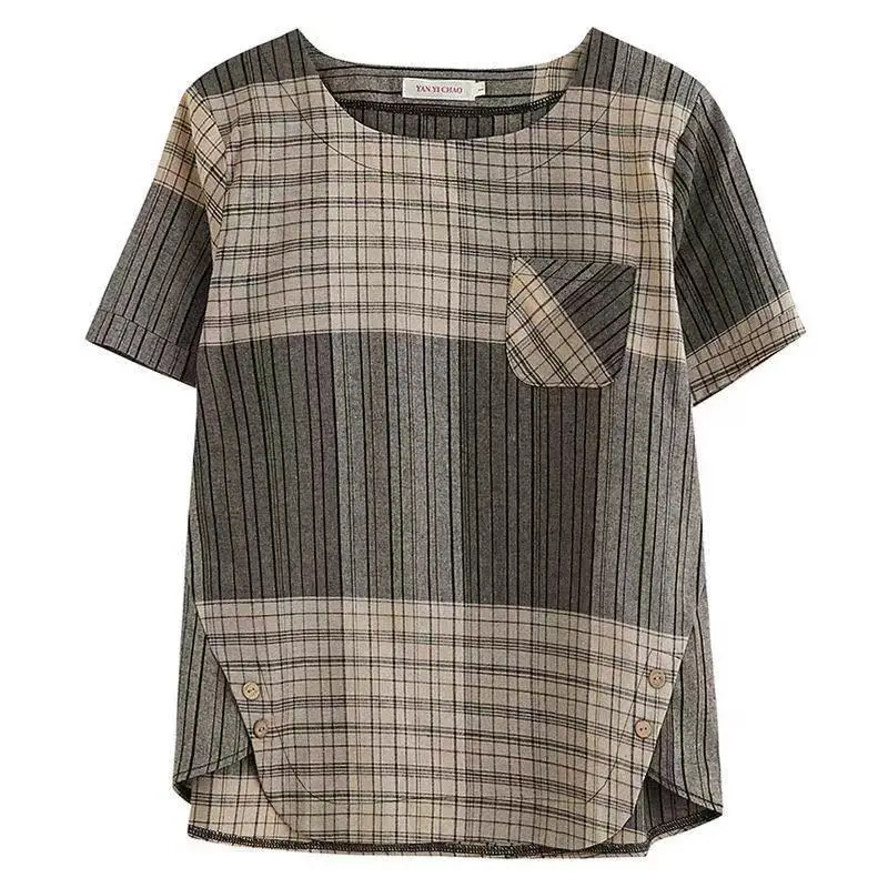 

Plaid cotton linen T shirt female 2020 summer new artistic retro large size loose cover belly thin short sleeve blouse