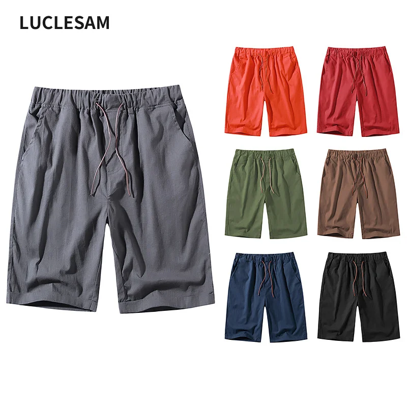 

Шорты LUCLESAM мужские на шнуровке, льняные однотонные повседневные бермуды с поясом, короткие брюки
