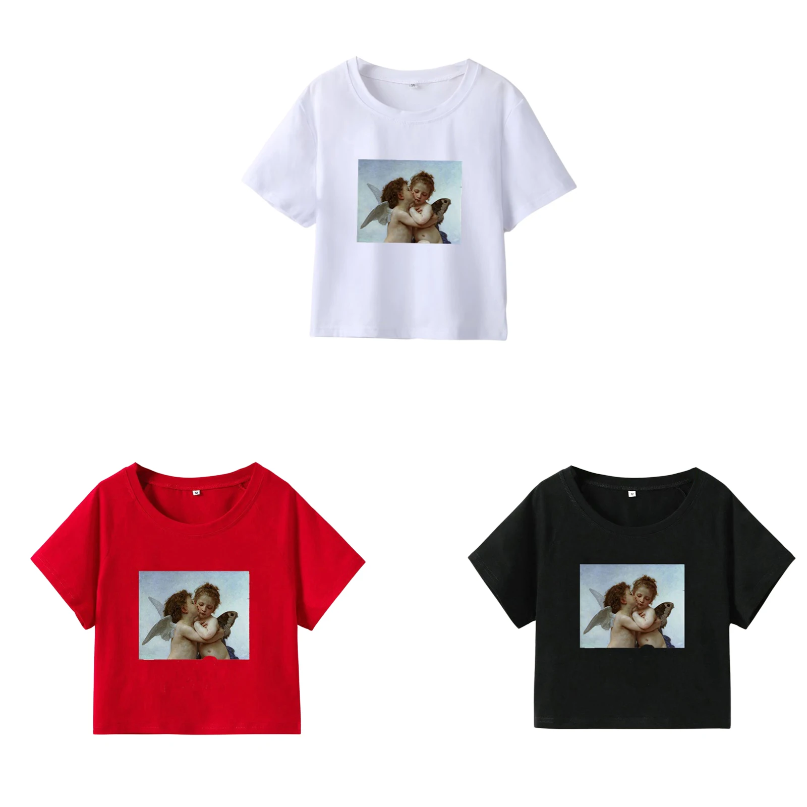 

Женский летний кроп-топ, облегающая футболка для взрослых с коротким рукавом и круглым вырезом и принтом ангела, новая мода 2021