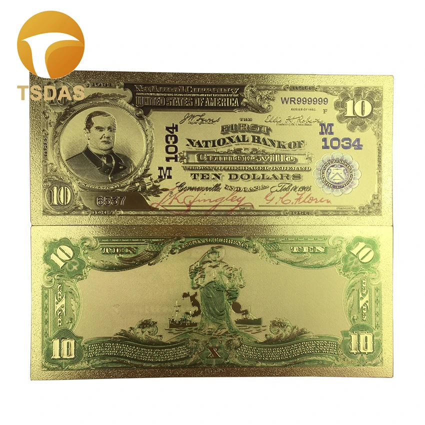 Банкнота 10 шт./лот 1902 года цвет американский золотой долларов США покрытая 24K для