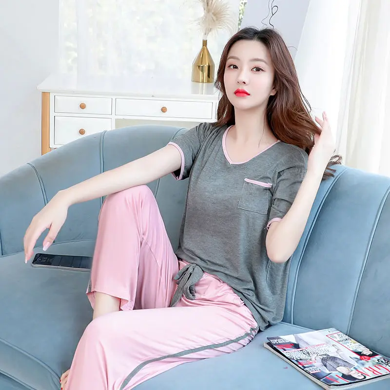 

Casual Suit Female Summer Home Clothes Short Sleeve Two-Piece Set Loose Modal Cotton Pajamas Women Pijama Mujer Tracksuits X211
