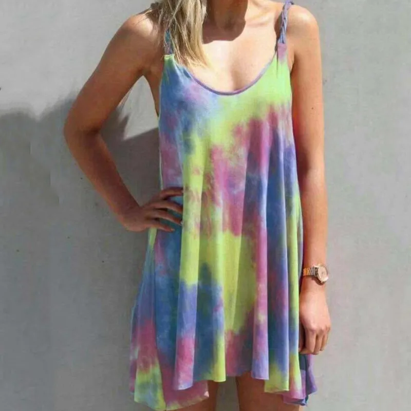 

Plus Size 5XL Gradient Colorful Tie Dye Basic Mini Dress 2020 Summer Sexy Loose Beach Strap Rainbow Print Short Dress Vestidos