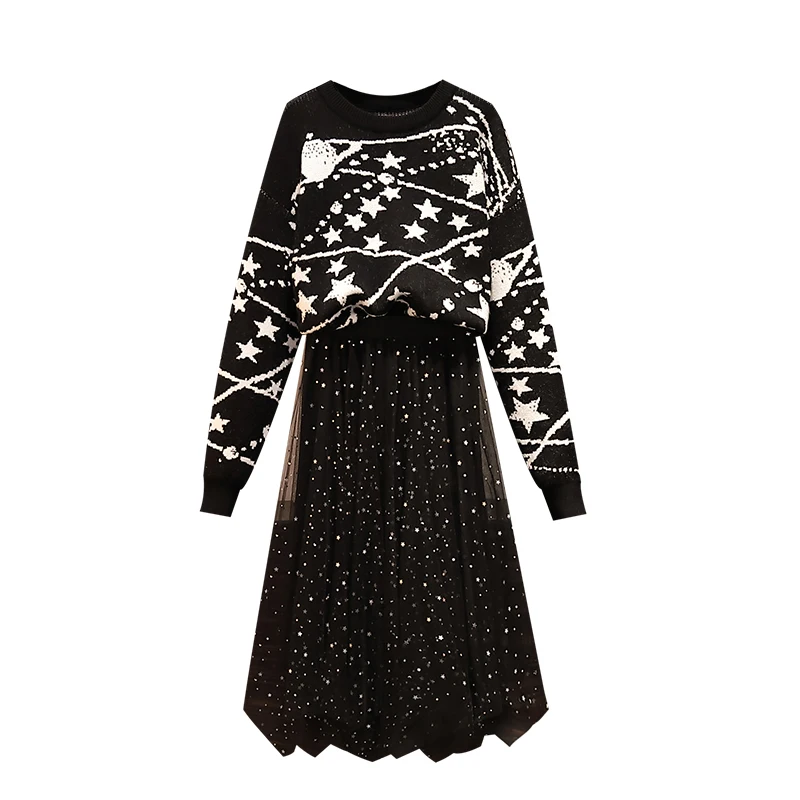 Плюс размер 4XL вязаный свитер сетчатый черный костюм комплект из 2 предметов