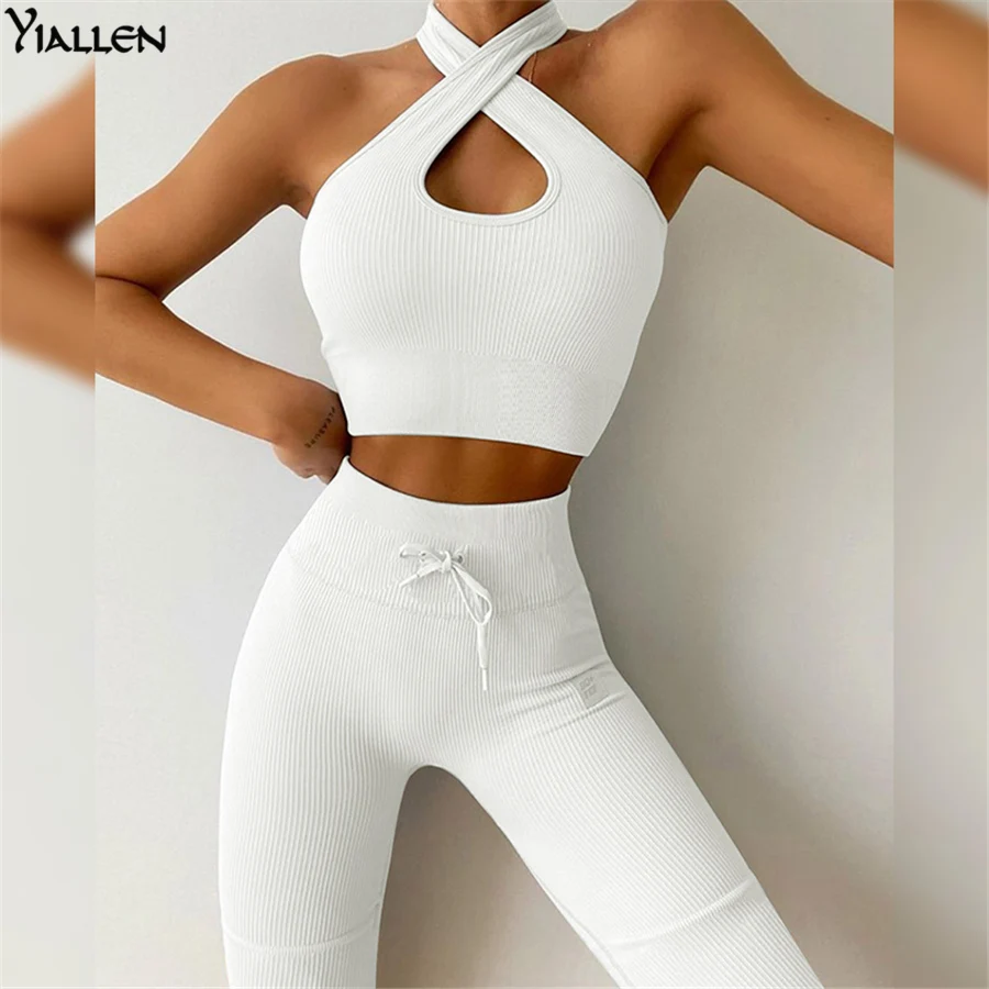 

Yiallen Новый ребристый комплект из двух предметов, Женские повседневные эластичные топы с лямкой на шее и брюки, женский спортивный костюм, по...