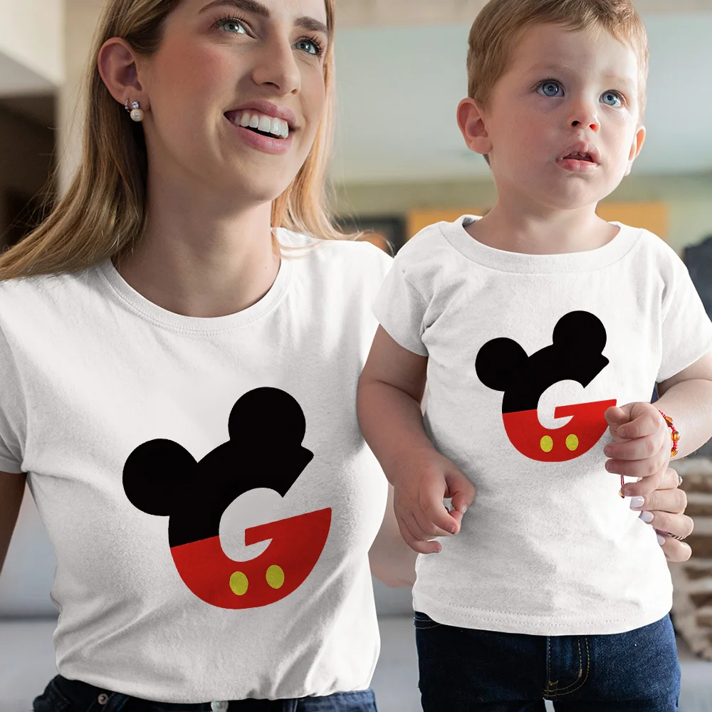 

Mom Kids Clothes Fashion Disney Mickey Mouse Letter Print Children's Short Sleeve Summer Woman Tshirt Family Look Couple Tee