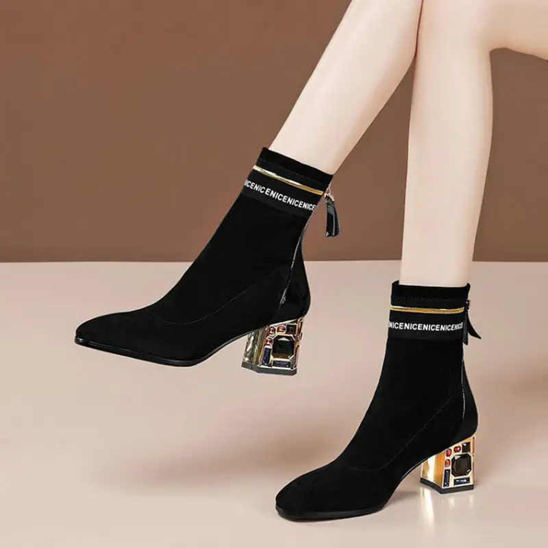 

FHANCHU Stretch Flock Short Boots Woman,2021 Autumn/Winter Shoes,Ankle Botas,Block Rhinestone Heel,Pointed Toe,Black,Dropship