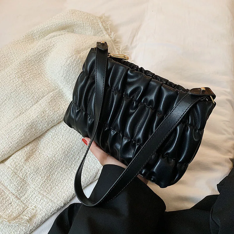 

Pleated PU Leather Crossbody Bags For Women 2021 Solid Color Striped Shoulder Bag Female Small Purses and Handbags Trended Brand