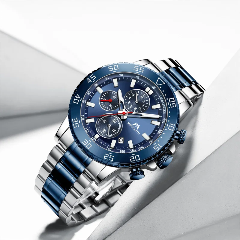 MEGALITH Топ водостойкие спортивные мужские часы из нержавеющей стали с хронографом