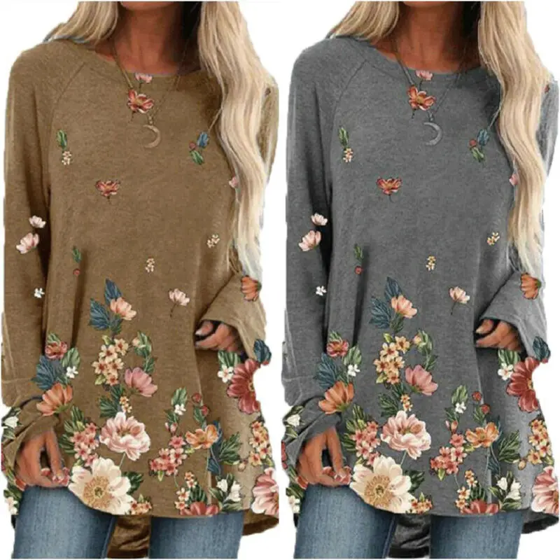 

Womens Ladies Casual Floral Printed Long Sleeve Blouse Pullover Tunic Tops Tee