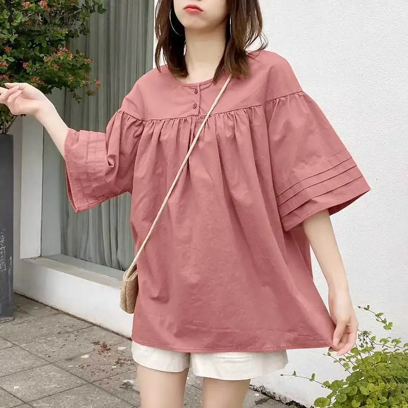 

Women Casual Blouse ZANZEA 3/4 Flare Sleeve Shirt Summer Pleated Vintage Party Tops Office Button Tunic OL Chemise