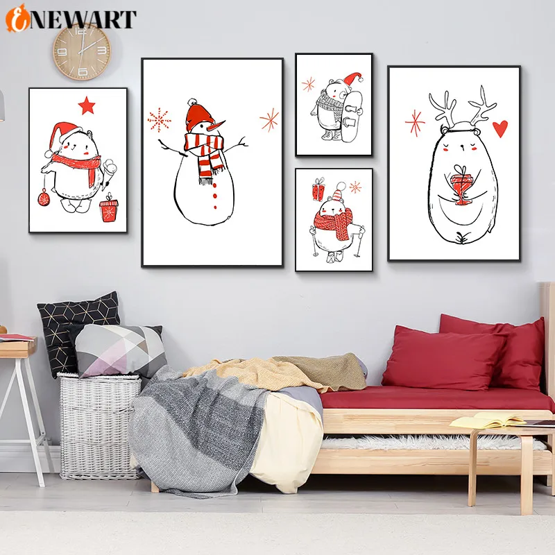 Детский мультяшный Снеговик постер с изображением медведя и принтом на холсте