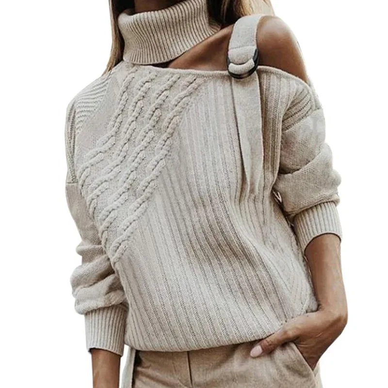 Turtleneck Long Sleeve Knitted Sweater Women Sexy Off Shoulder Patchwork Pullover 2020 Winter Autumn Fashion Ribbed Sweaters Top | Женская