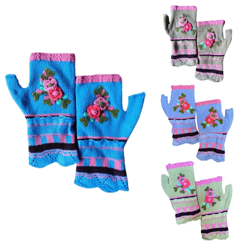 

Women Multicolor Jacquard Floral Fingerless Gloves Knitted Thumb Hole Mittens 83XF