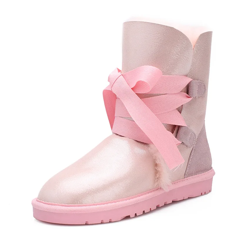Pink Модные зимние ботинки из натуральной овечьей кожи; шерсть; женские зимние ботинки; женские ботинки на натуральном меху; теплая обувь - Цвет: Pink