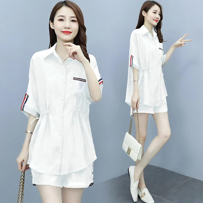 

2021 Women's fashion Single breasted shirts+ wide-legged shorts suits the new female summer casual two-piece Outfits