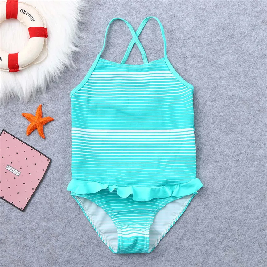 Цельный купальник Милый детский летний в полоску с оборками для девочек Удобные