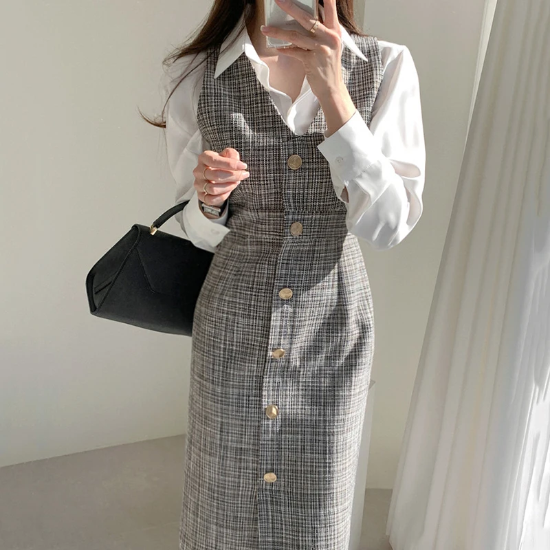 

Women Two Piece Sets Outfits Autumn 2020 Long Sleeve Blouses and High Waist Tank Long Dress Korean Style Office 2 Piece Sets