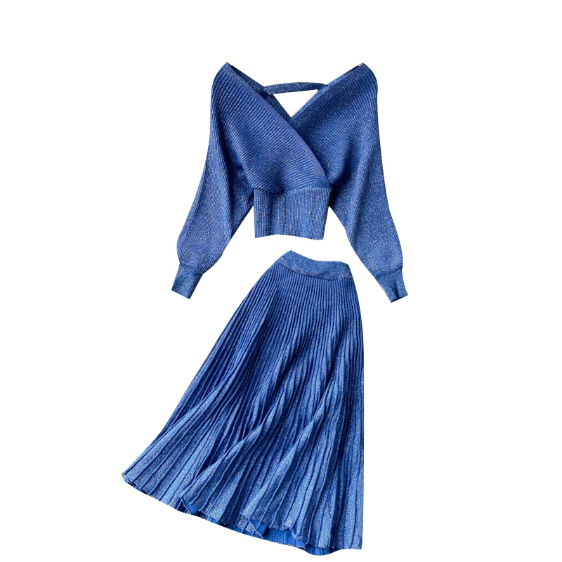 

Winter Korean sexy cross v-neck puff sleeve waist top two piece sets womens elastic high waist pleated Sweater Dress suit autumn