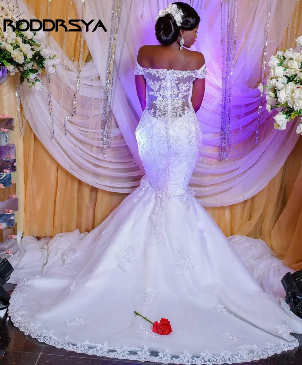 

RODDRSYA Африка Дубай Арабский Русалка свадебное платье с плеча кружево, аппликация бисером блестками развертки Свадебные платья на прокат