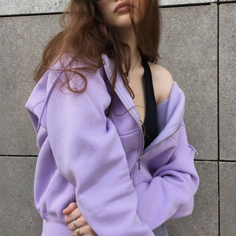 

Thickened Purple Short Hoodie Loose Casual Zipper Hooded Sweatshirt Spring Clothing Women 2021