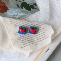 red heart shaped resin stud earrings blue square geometric ear stud blocks cartoon cute korean fashion women jewelry gift