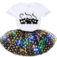 2021 girls shiny dress glowing kids cartoon cat dresses for girls party princess dress children clothing t shirtskirts sets