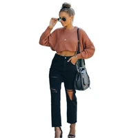 pure black women jeans washed ripped staight leg denim pants office lady high waist ankle length pants causal female trousers