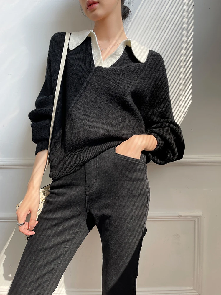 

Женский трикотажный свитер в полоску, элегантный пуловер с воротником-поло, в Корейском стиле, Осень-зима 2021