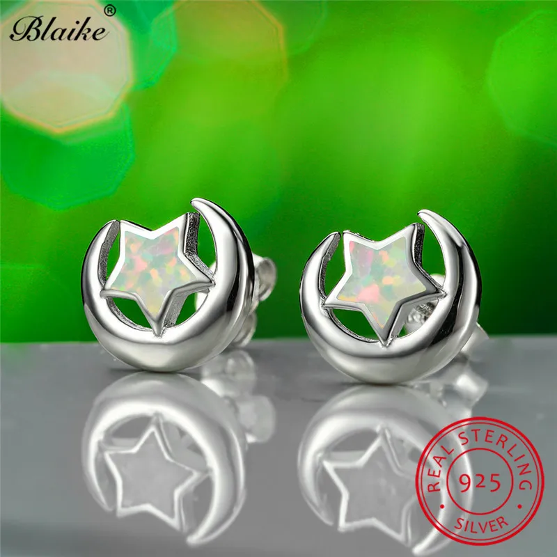 Милые сине-белые огненные опал звезда луна серьги 925 пробы серебряные свадебные