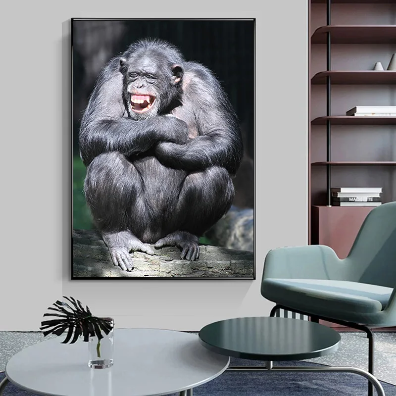 Живопись на холсте "Шимпанзе обезьяна Африки" с улыбкой на лице - смешной плакат для стены в современном стиле декора домашнего помещения. - Фото №1