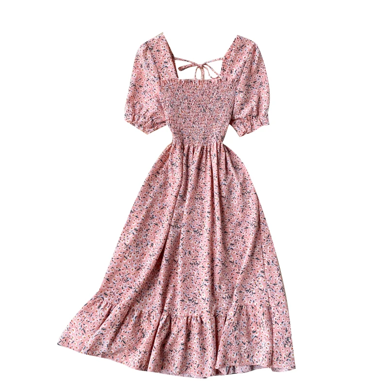 

2021 Summer New Dress For Women Short Sleeve Elastic Waist Square Neck Lady Beach Wear Floral Chiffon Dress