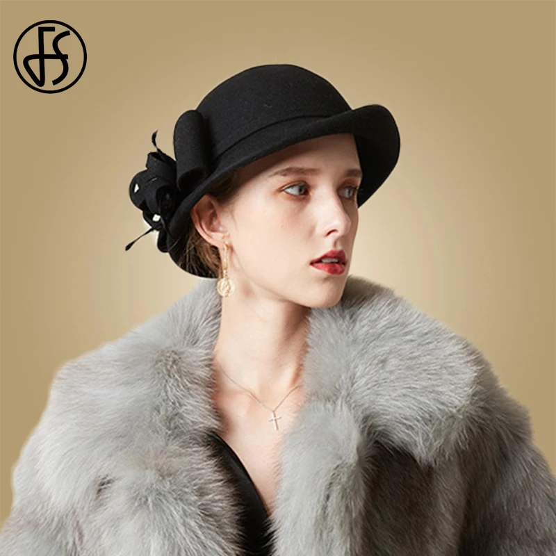 Женская шерстяная шляпка-федора FS черная или красная шляпка с вуалью цветочным