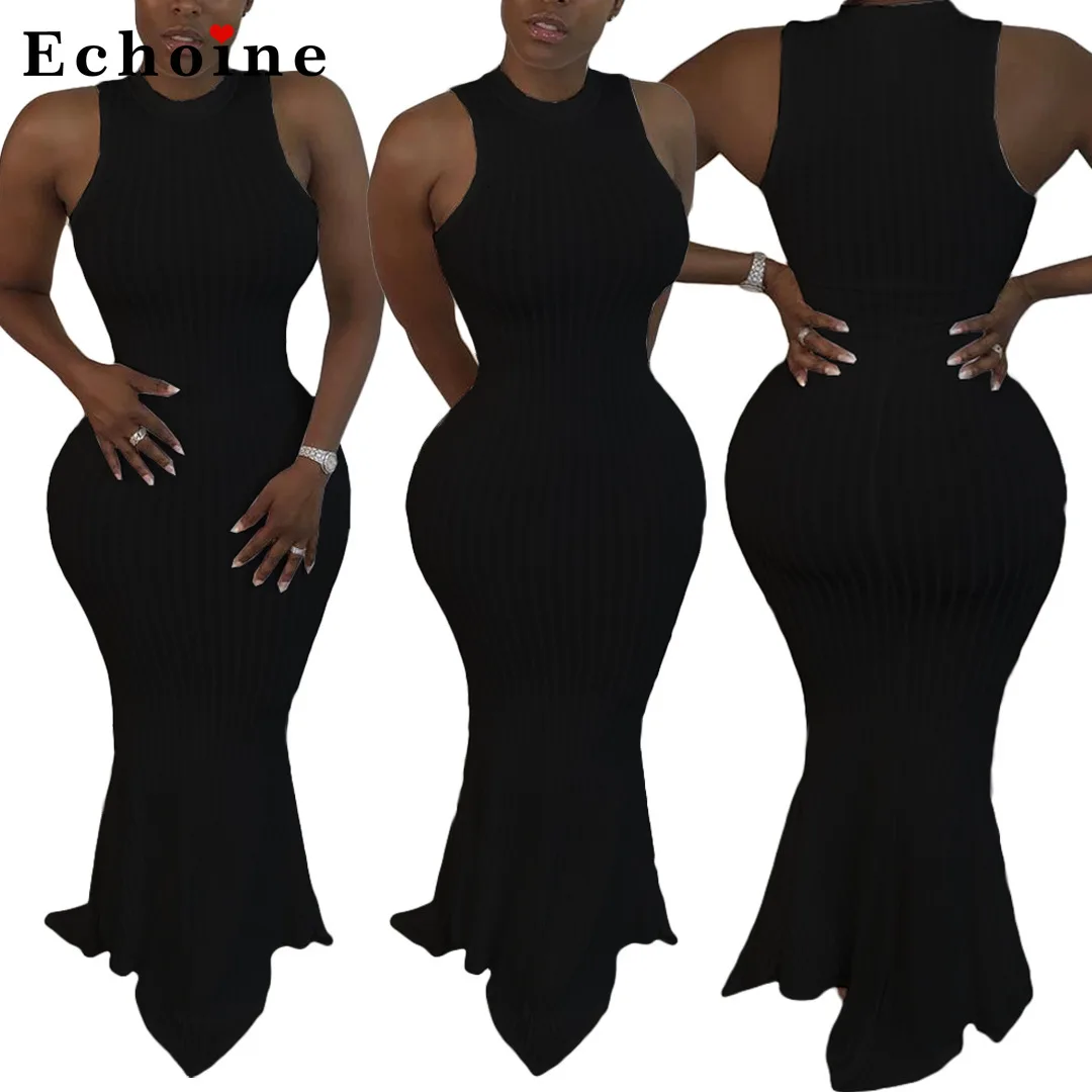 Женское трикотажное облегающее платье миди без рукавов с круглым