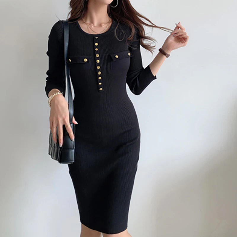 

Dresses For Women Clothing 2021 Elegant Knitted Midi Dress Womens Autumn Winter Slim Sexy Bodycon Long Sleeve Casual Black Dress