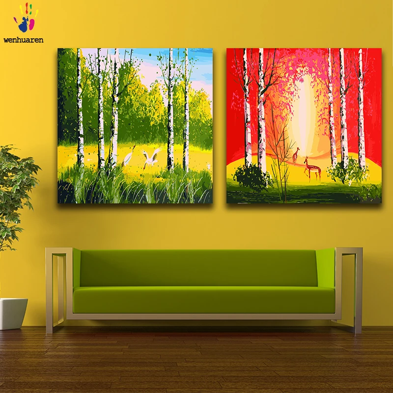 DIY картинки для раскраски по номерам с цветами березовый лес пейзаж Картина