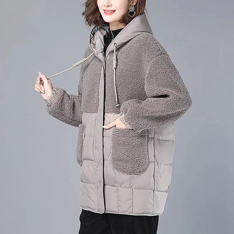M-4XL Plus Size Lamb Winter Jacket Long Windproof Hooded Faux Fur Coat Thick Loose Outwear Ladies Casual Down Cotton Overcoat