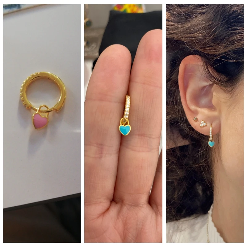 

MC Multiple Color Huggie Earring For Women PendientesPlata925 Sterling Silver Earrings Hoops With Enamel Heart Pendants 2021