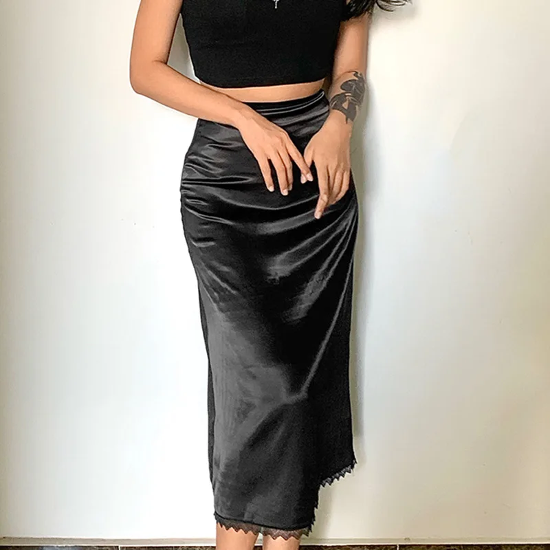 

Y2K Aesthetic Brown Satin Midi Skirts Women Vintage Lace Trim A-line Skirt Cute Outfits E-girl Streetwear Harajuku Clothes