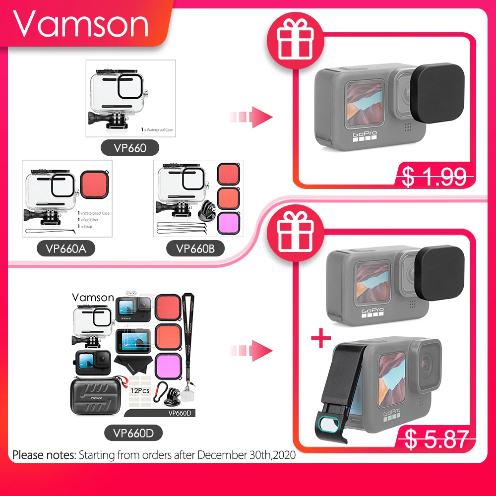 Водонепроницаемый чехол для подводной съемки Vamson черный защитный GoPro Hero 10 9