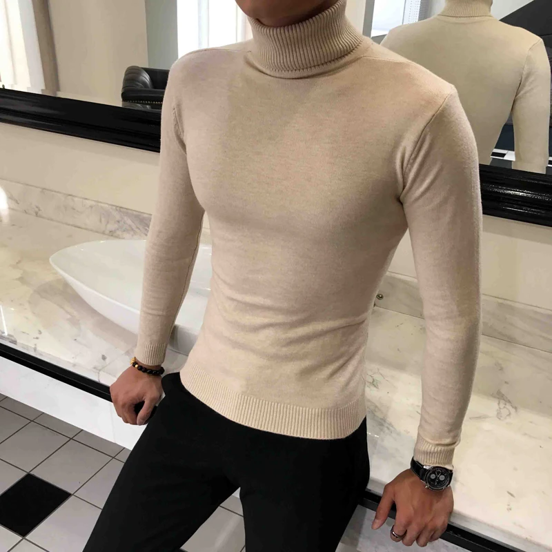 Мужской плотный теплый свитер с высоким воротом облегающий трикотажный пуловер