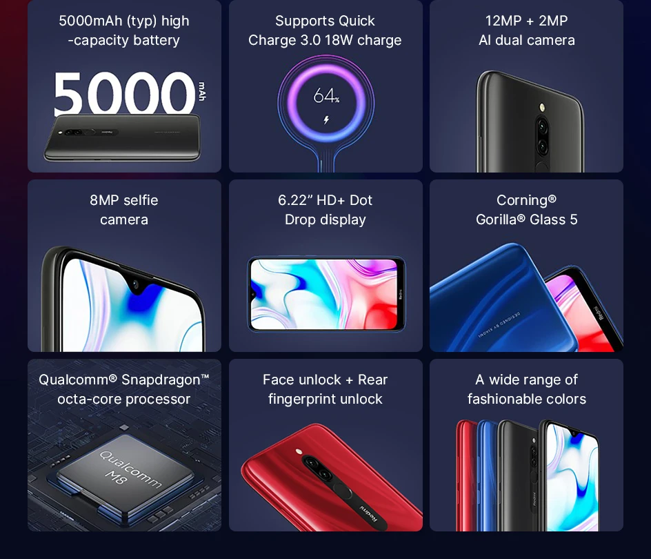 Мобильный телефон Xiaomi Redmi 8, 4 ГБ, 64 ГБ, глобальная версия, 5000 мА/ч, большая батарея, 18 Вт, быстрая зарядка, Восьмиядерный процессор Snapdragon 439, камера 12 МП